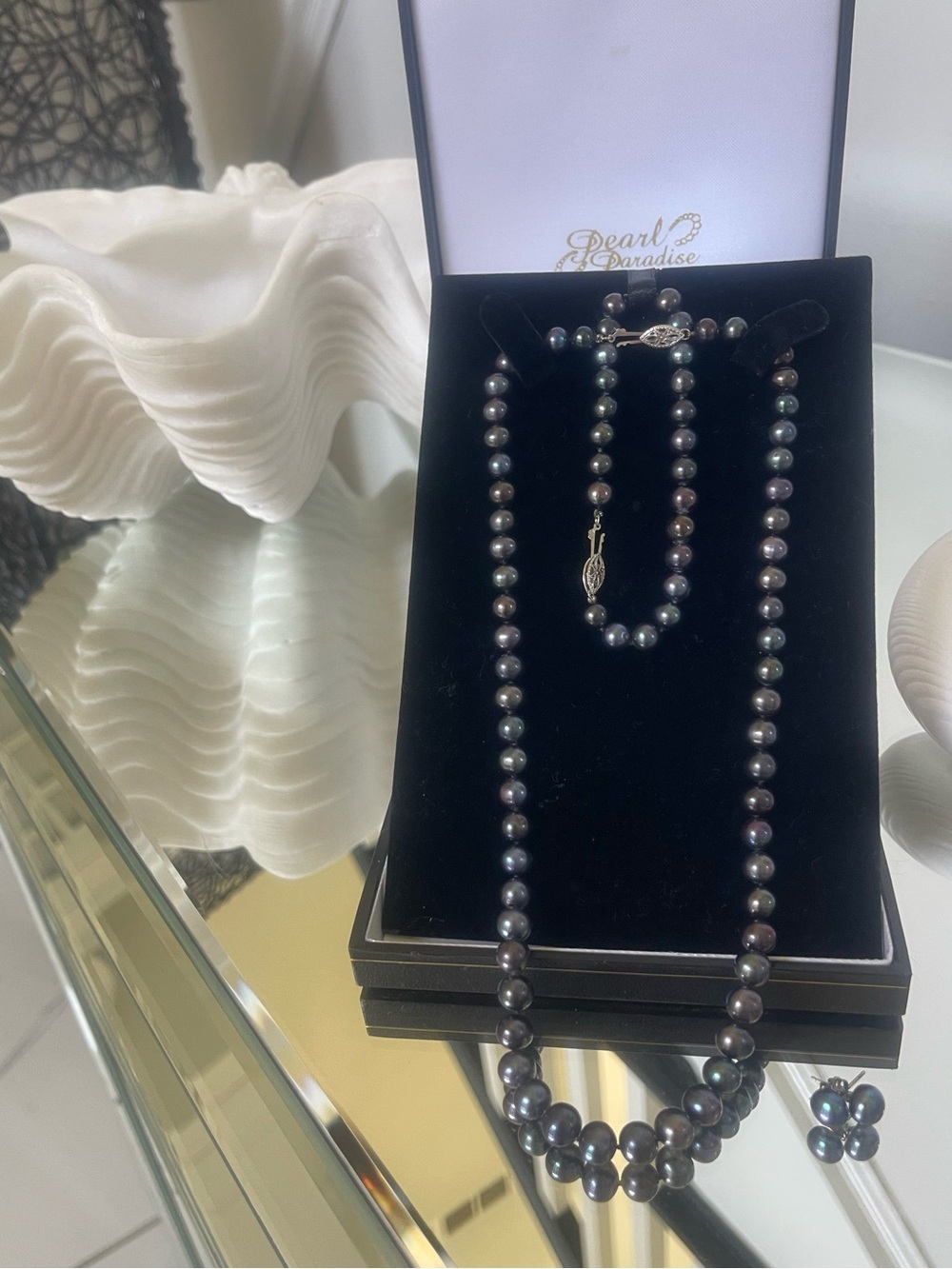 14k white gold 7.5-8.0 mm AA+ Black Freshwater Pearl set by Pearl paradise